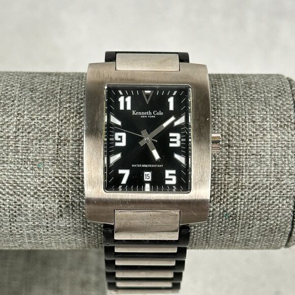 Kenneth Cole Watch Womens Tank Style Date Black Silver Tone Grunge New Battery - Picture 1 of 12